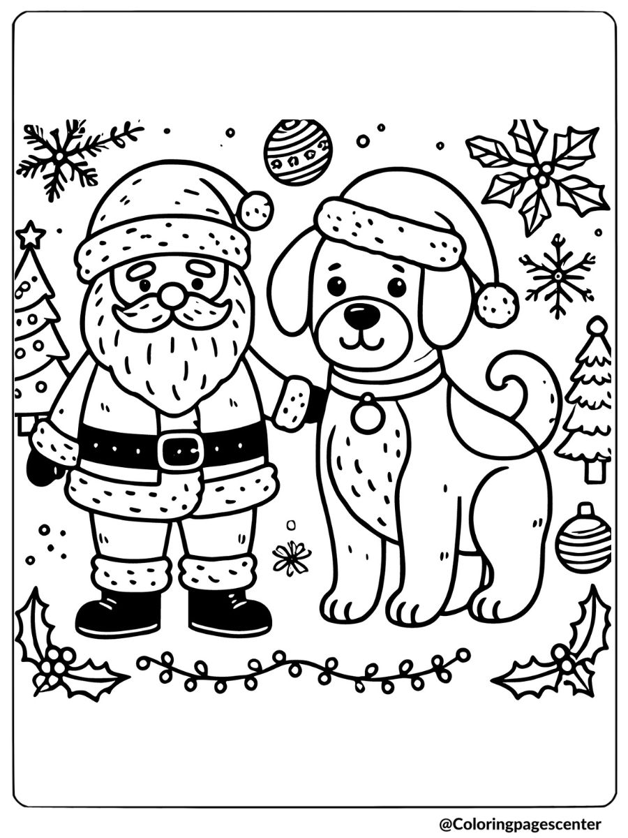 Christmas dog coloring page featuring Santa Claus standing with a dog, surrounded by festive decorations