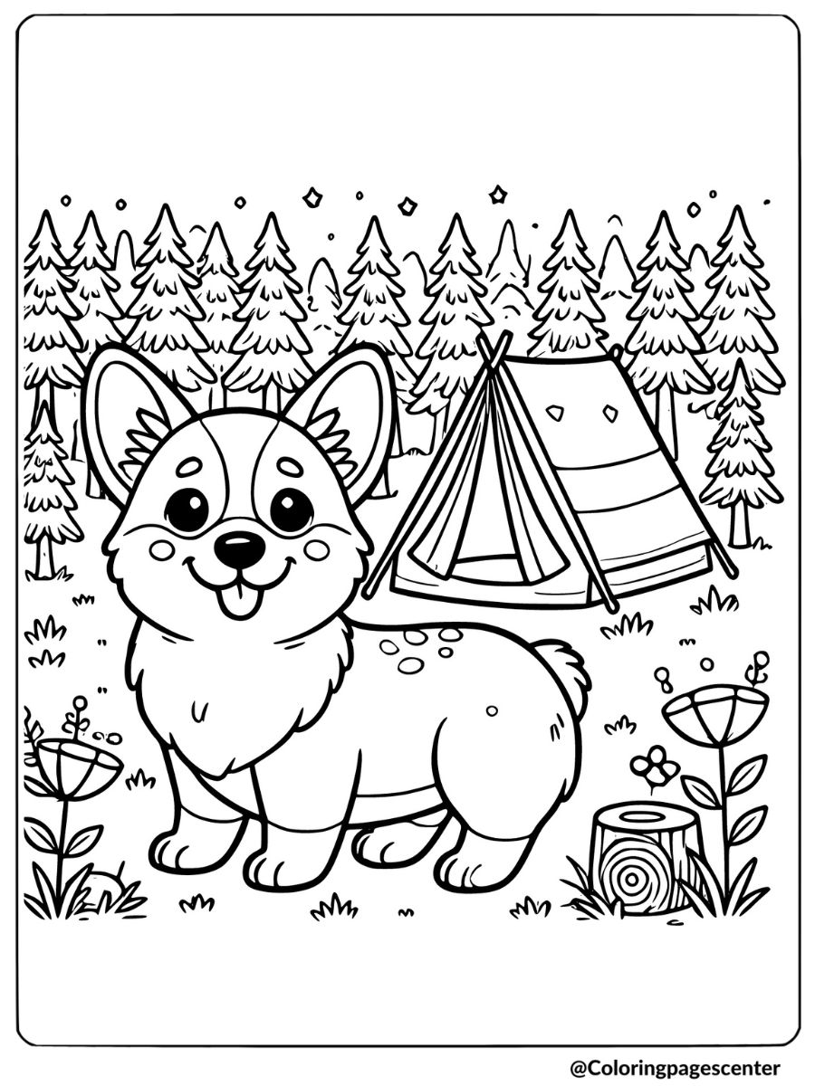 Corgi camping with a tent in the forest coloring page