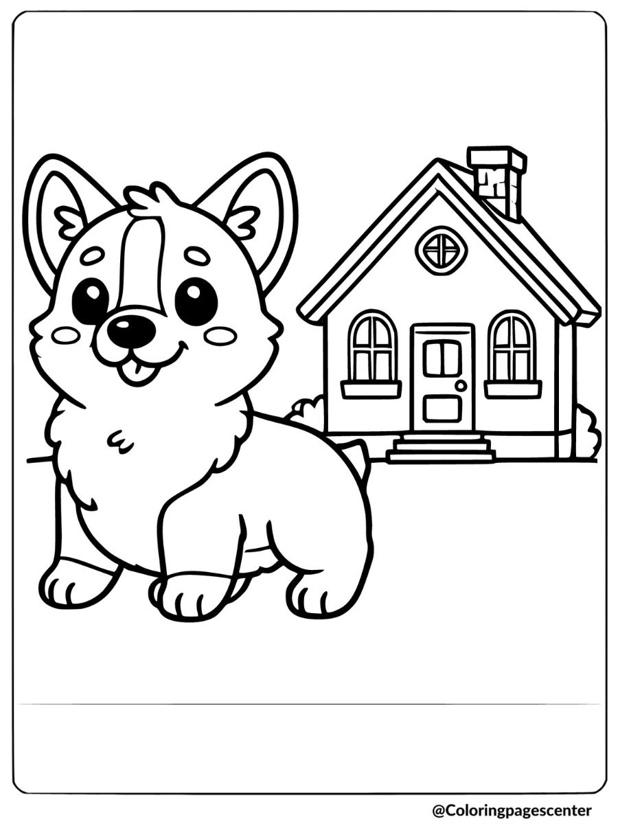 Cute corgi sitting in front of a small house coloring page