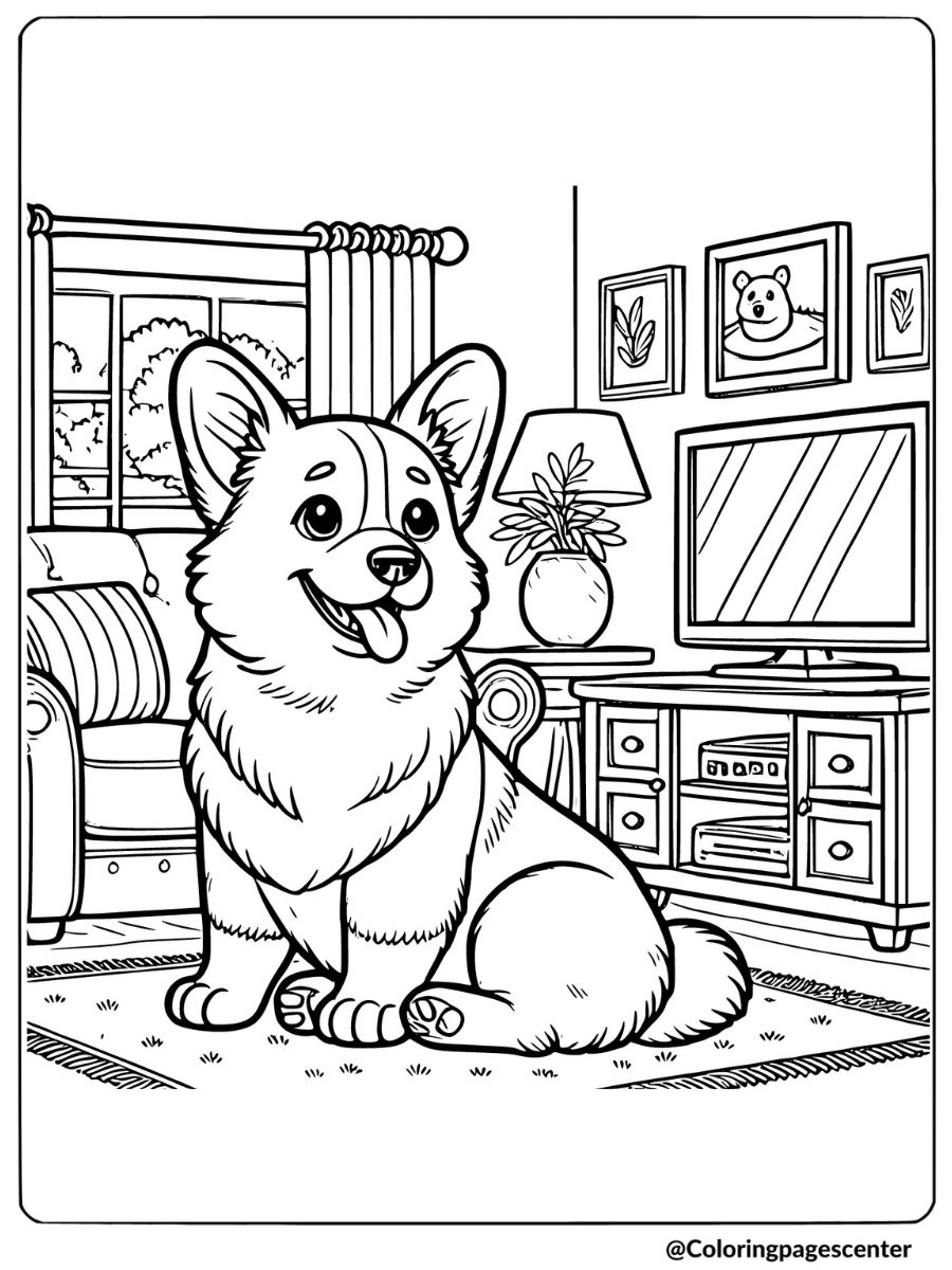 Corgi sitting in a cozy living room with TV coloring page