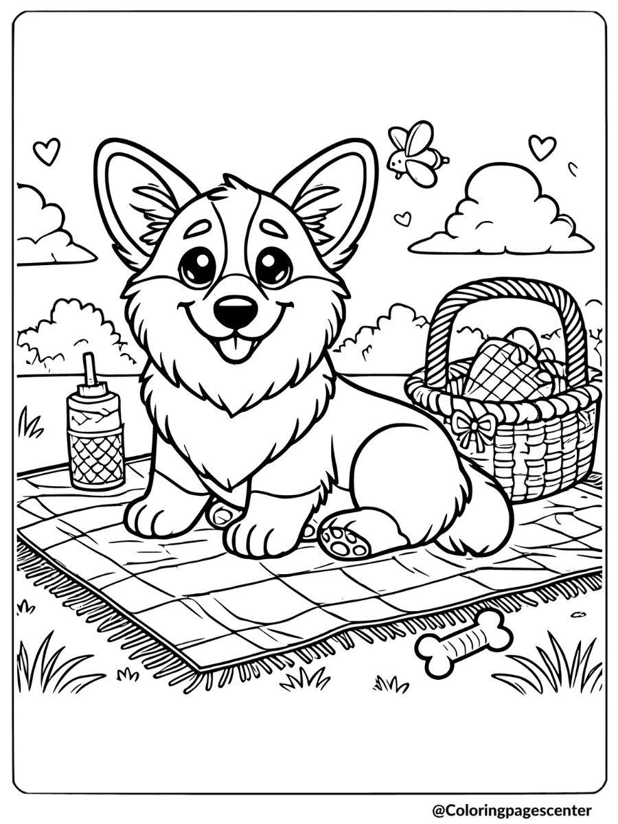 Corgi enjoying a picnic in the park with a basket coloring page