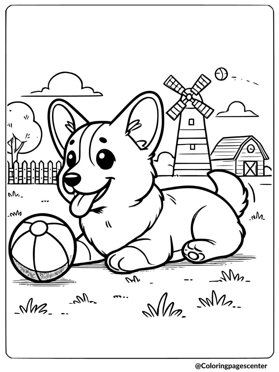 Corgi playing with a ball near a windmill coloring page