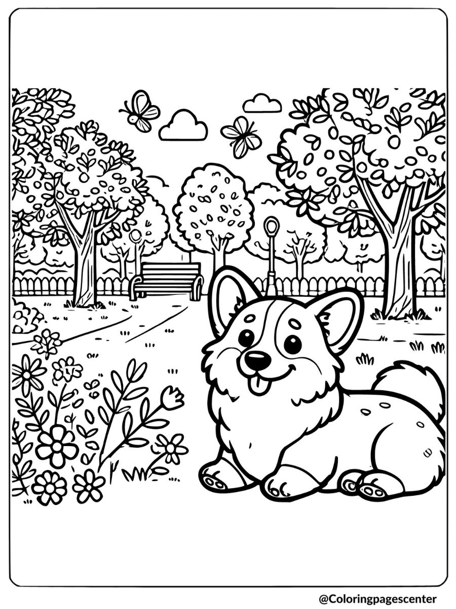 Corgi relaxing in a park with flowers and butterflies coloring page