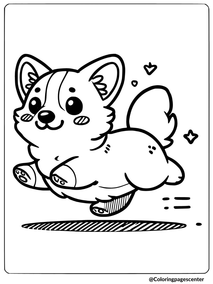 Corgi running joyfully with hearts around it coloring page