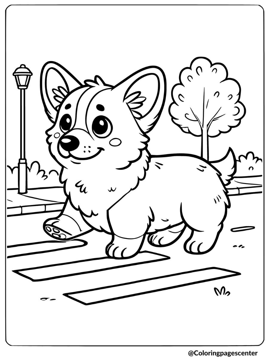 Corgi walking on the street with trees and lamppost coloring page