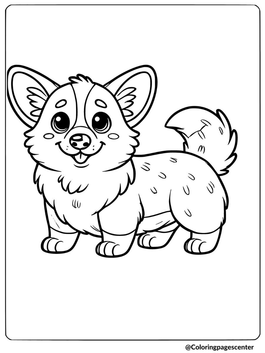 Happy corgi standing and smiling happily coloring page