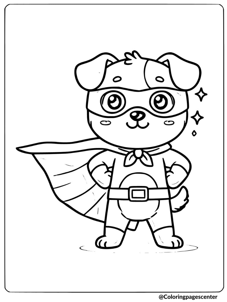 Cute dog dressed in a superhero costume with a cape coloring page.