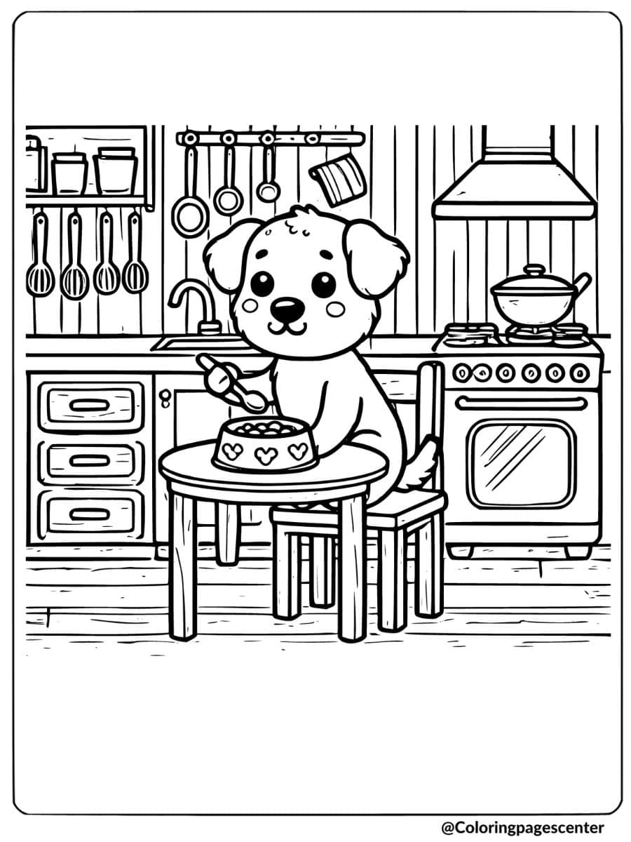 Cute dog enjoying breakfast in a warm and cozy kitchen coloring page.