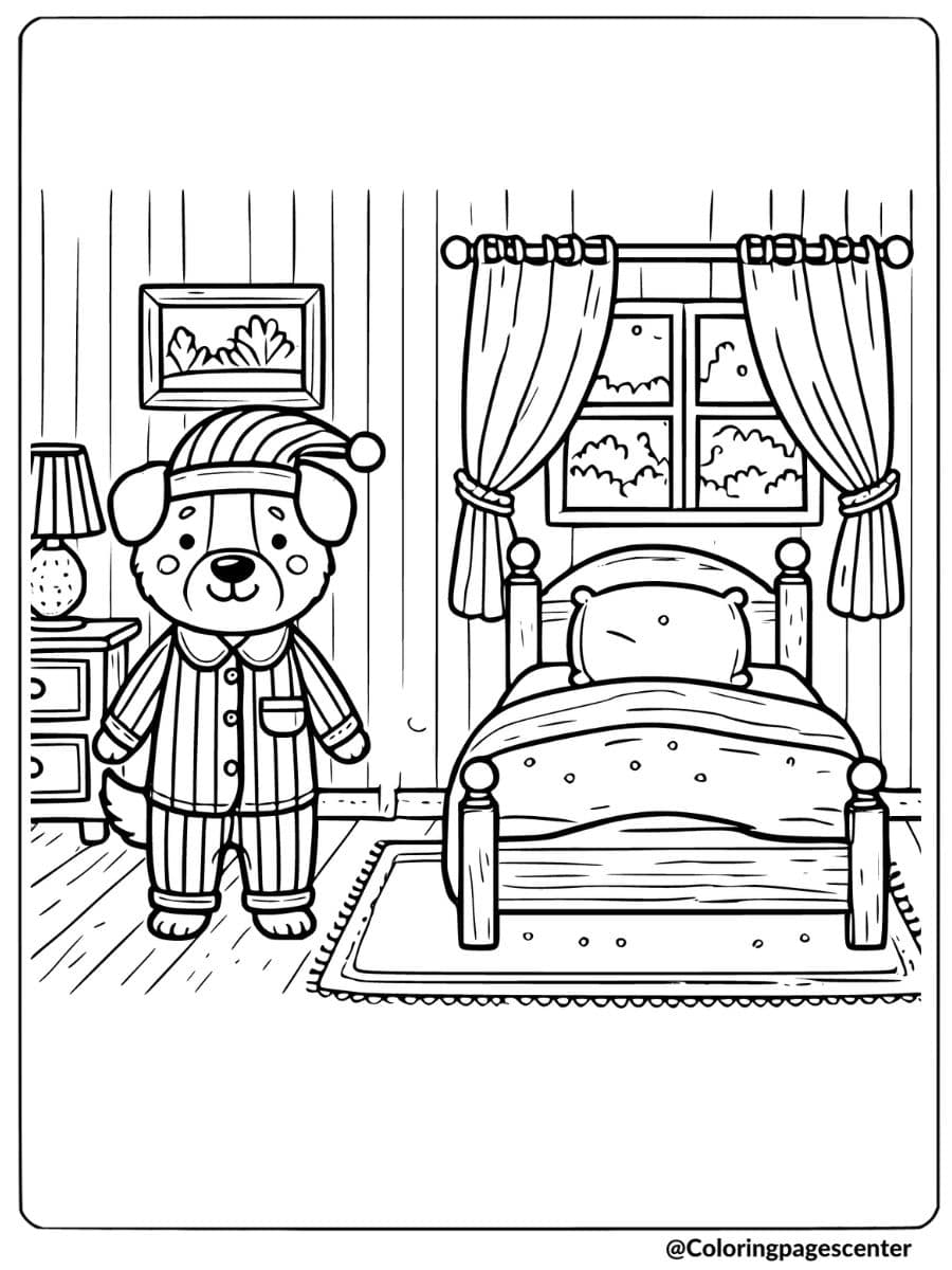 Cute dog in pajamas standing beside a bed ready for sleep coloring page.