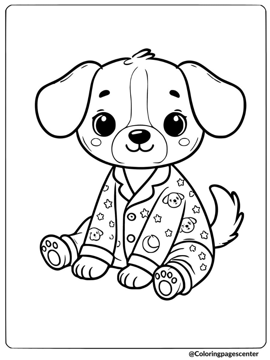 Cute dog sitting in adorable pajamas coloring page.