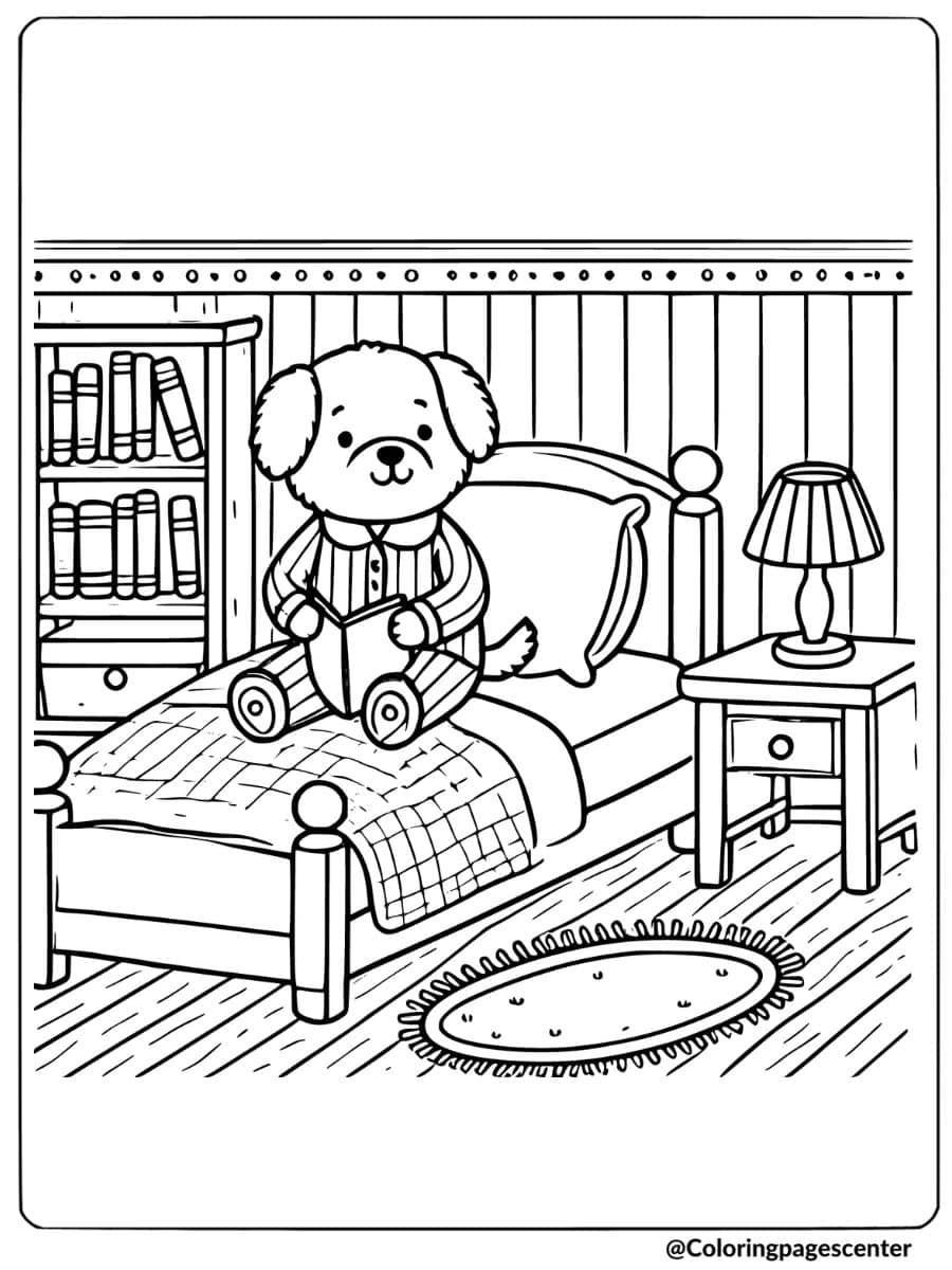 Cute dog in pajamas holding a teddy bear while sitting on bed coloring page.