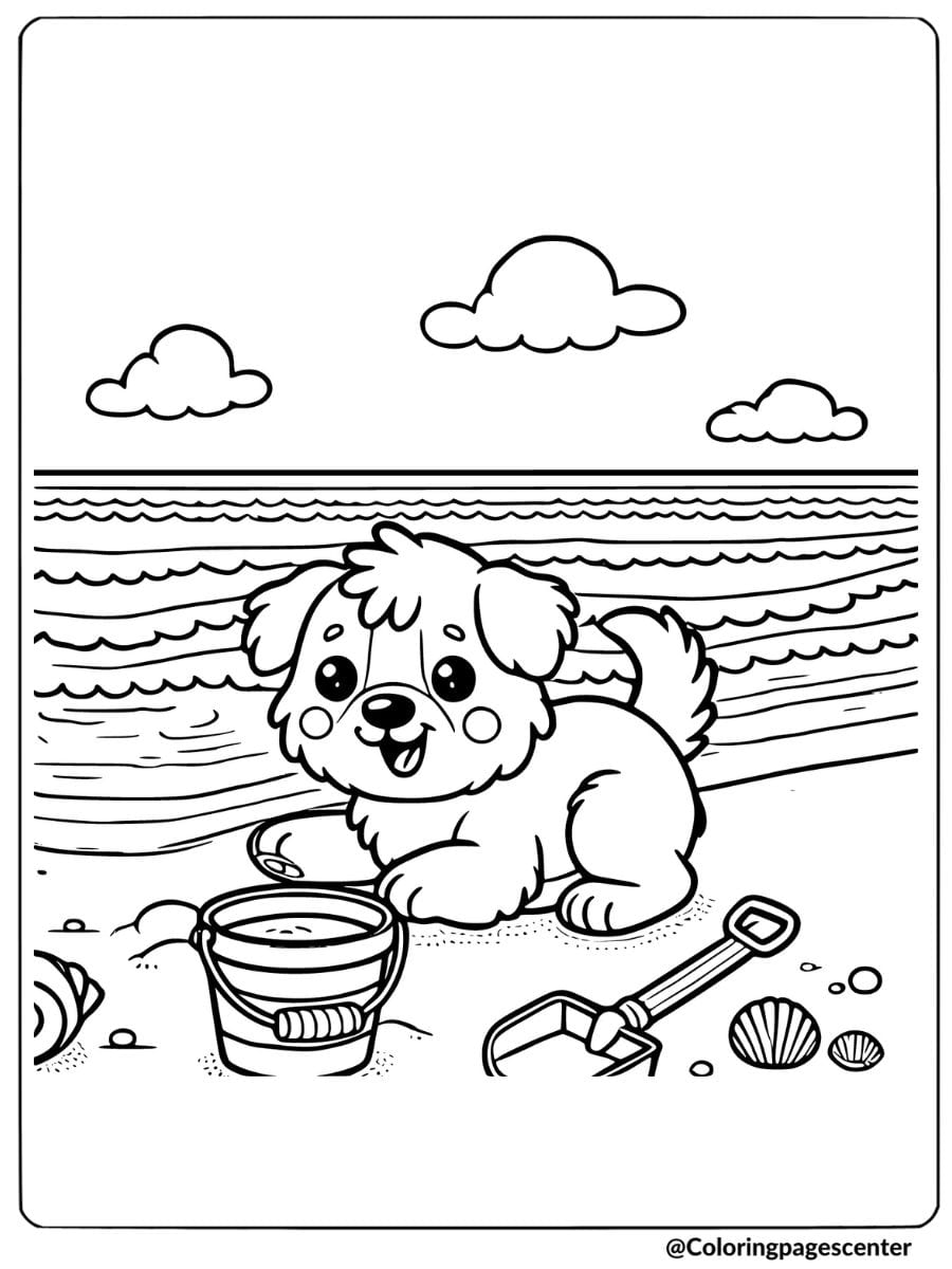 Cute dog playing with sand toys at the beach coloring page.