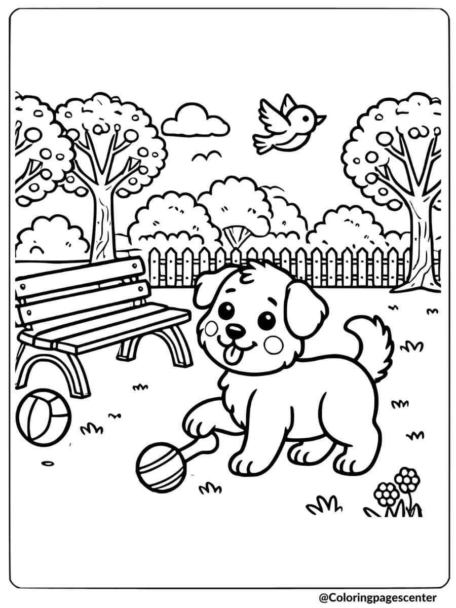 Cute dog playing with a ball in a sunny park coloring page.