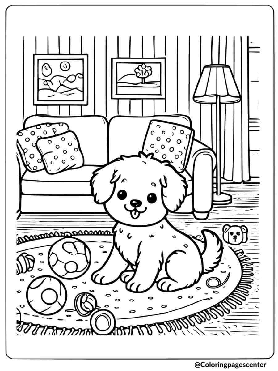 Cute dog playing with various toys in a cozy living room coloring page.