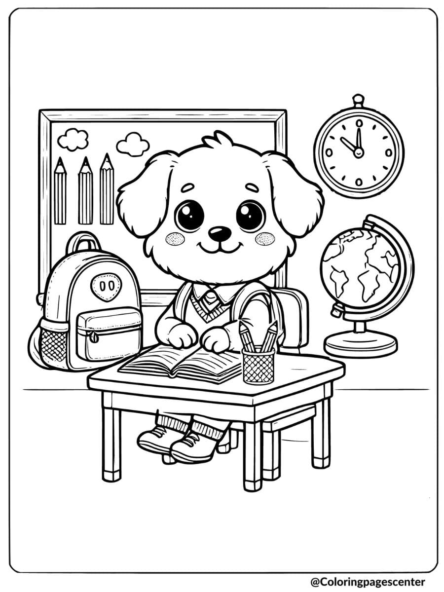 Cute dog studying at a school desk with a globe and pencils coloring page.