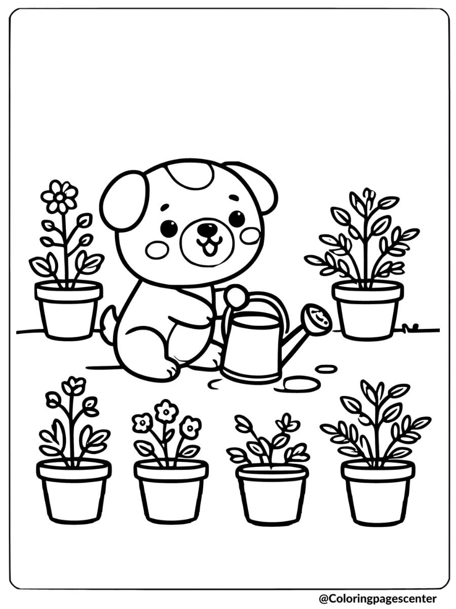 Cute dog happily watering potted plants coloring page.