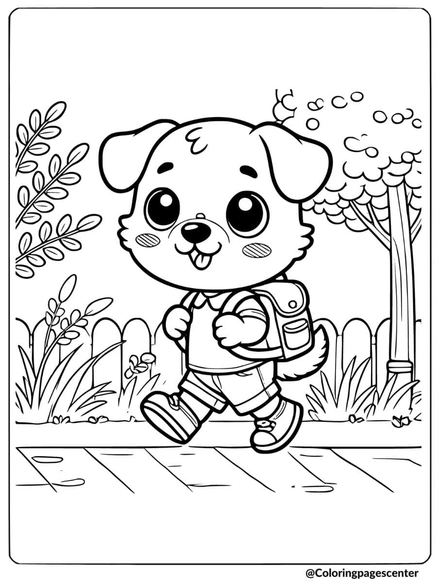 Cute dog with a backpack happily walking to school coloring page.