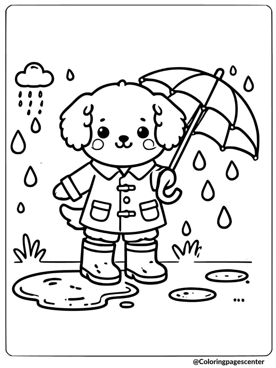 Cute dog holding an umbrella in the rain coloring page.