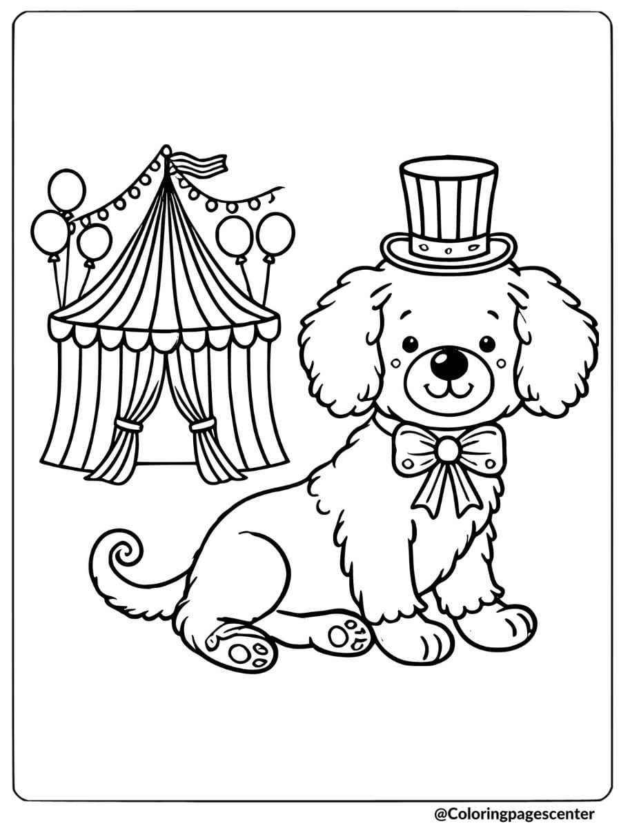 Charming dog dressed up with a top hat and bow tie sitting near a circus tent coloring page