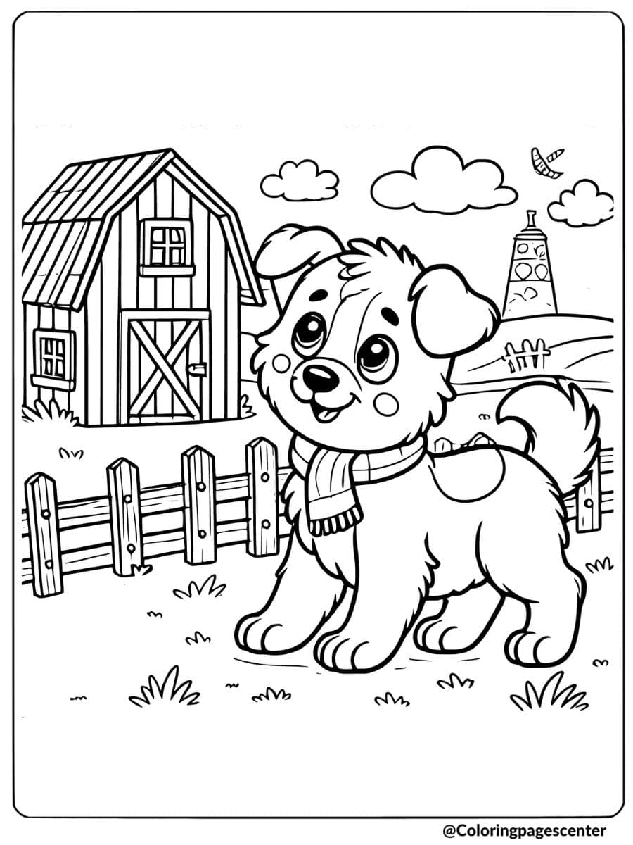 Happy dog standing in front of a barn and windmill on a farm coloring page