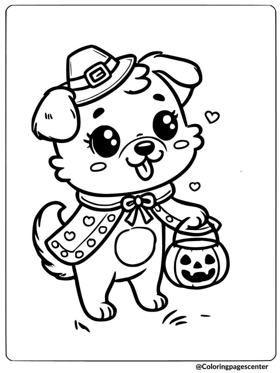 Adorable dog wearing a Halloween costume and holding a pumpkin lantern coloring page