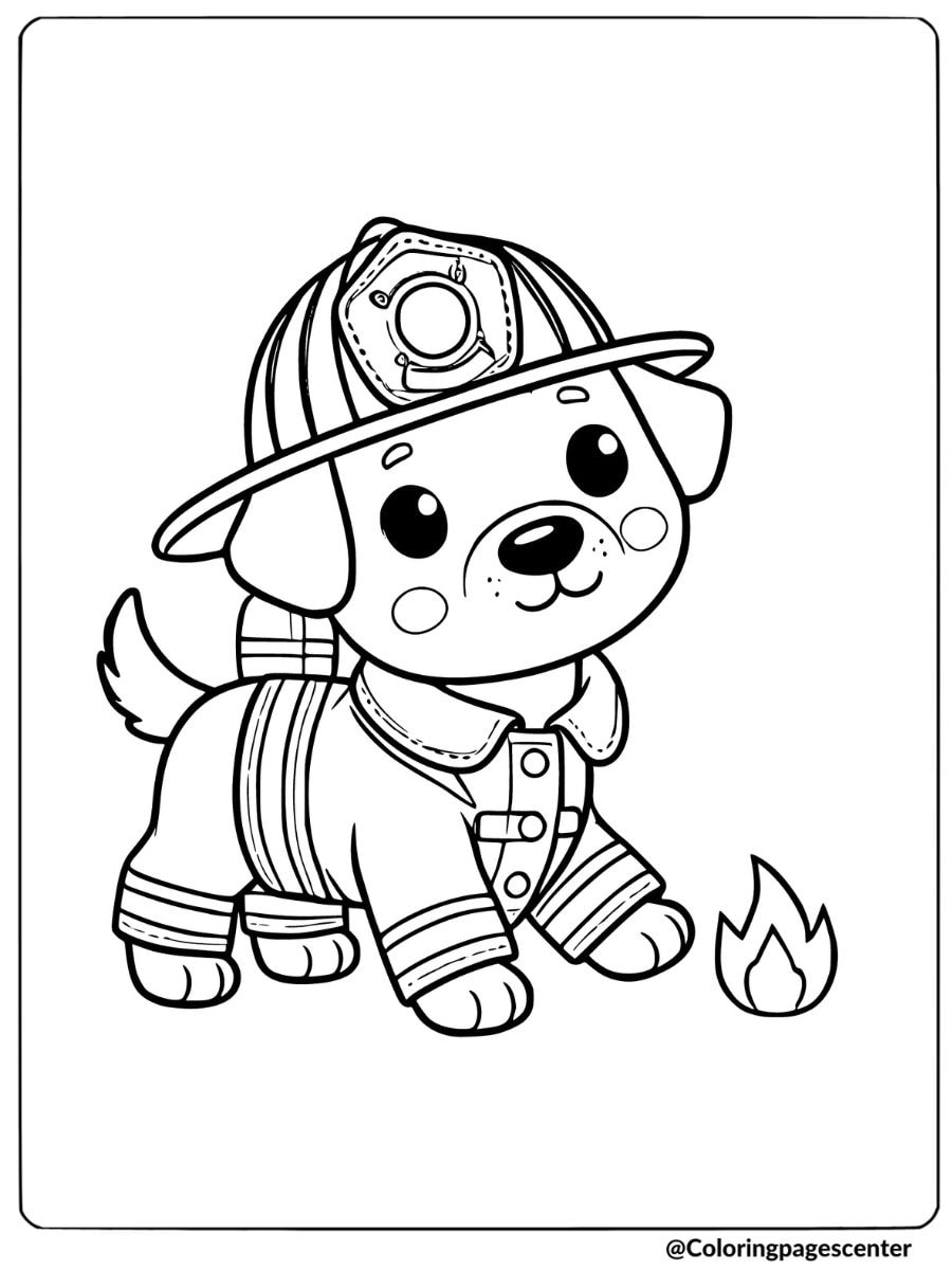 Brave dog dressed as a firefighter standing beside a small fire coloring page