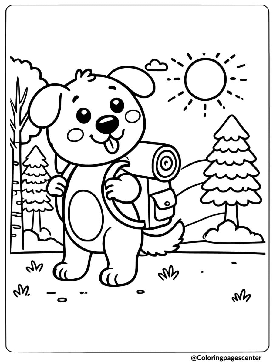 Cheerful dog hiking with a backpack in a sunny forest coloring page