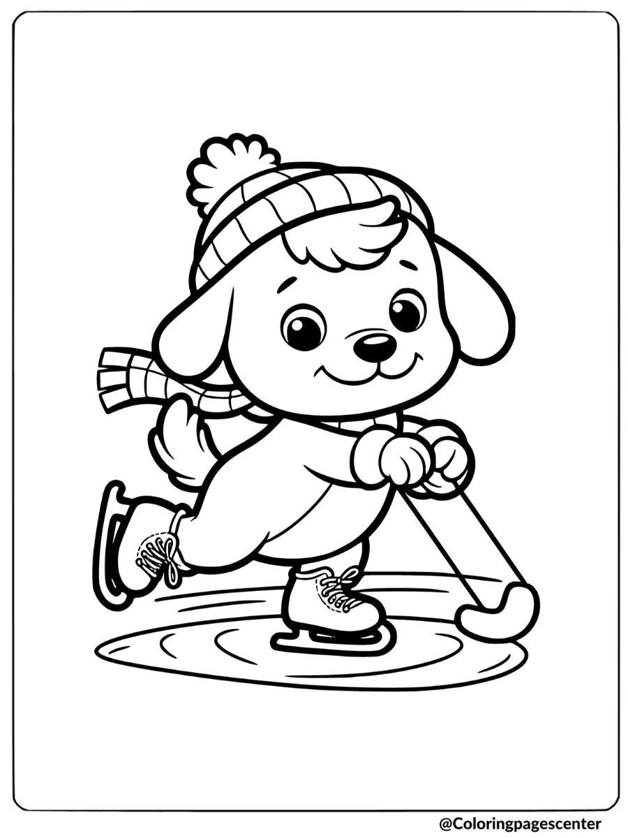 Cute dog wearing a hat and scarf ice skating happily on a frozen pond coloring page