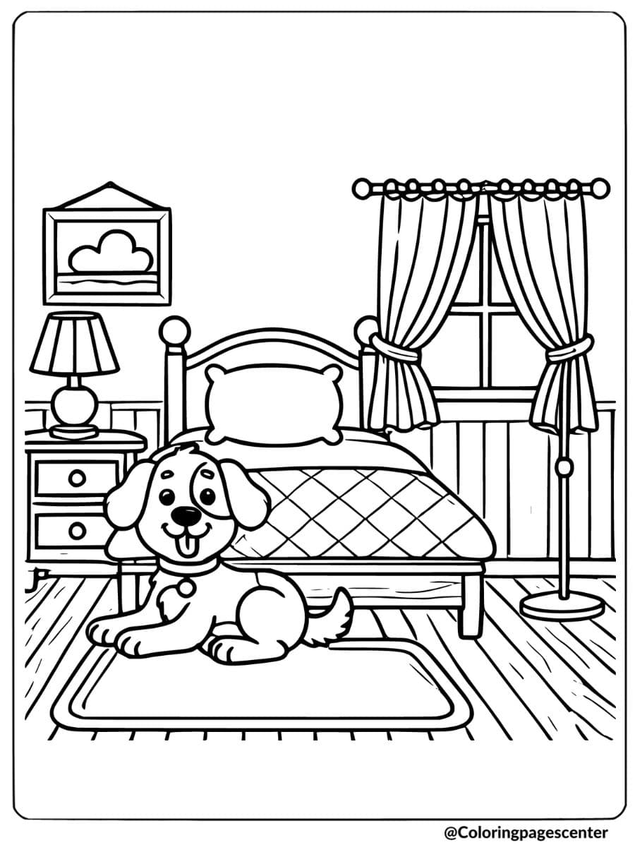 Dog resting happily on a rug in a well-decorated bedroom coloring page