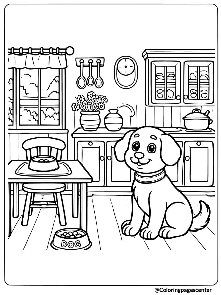 Happy dog sitting in a cozy kitchen with food bowls and flowers coloring page