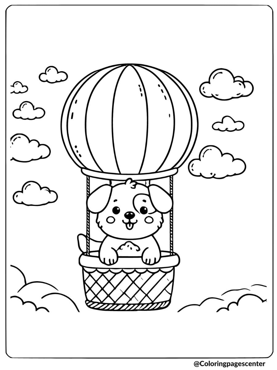 Dog riding a hot air balloon high in the sky among clouds coloring page