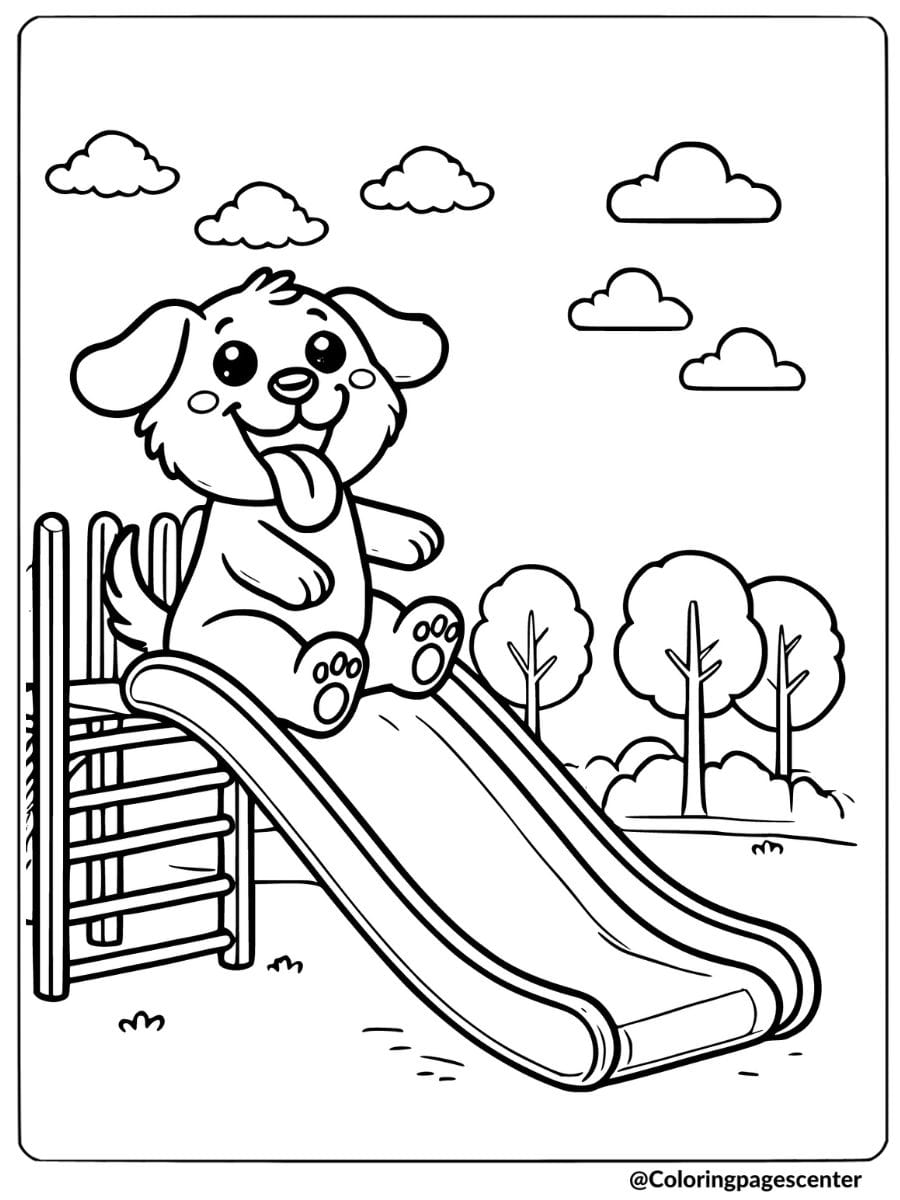 Cute dog sliding down a playground slide in a park coloring page