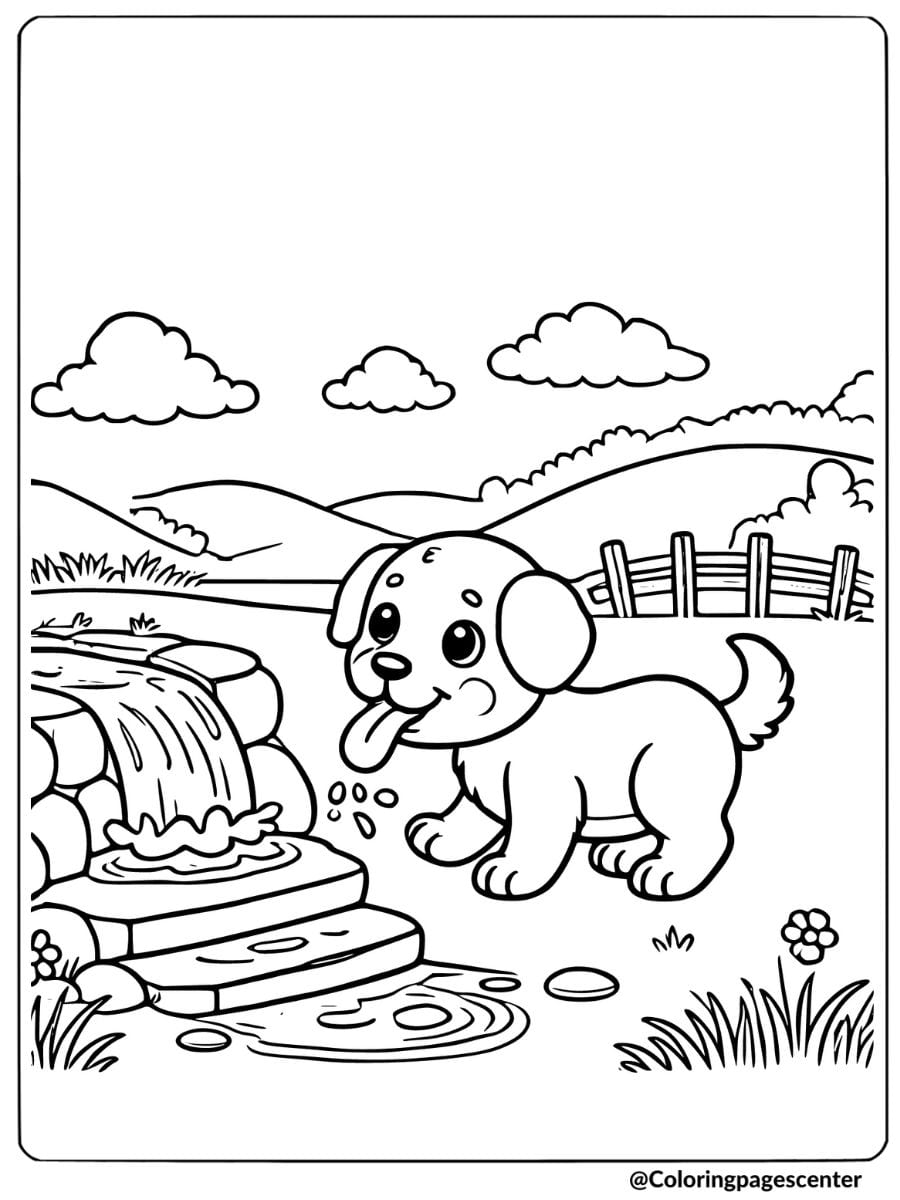 Playful dog enjoying by a small waterfall in the countryside coloring page