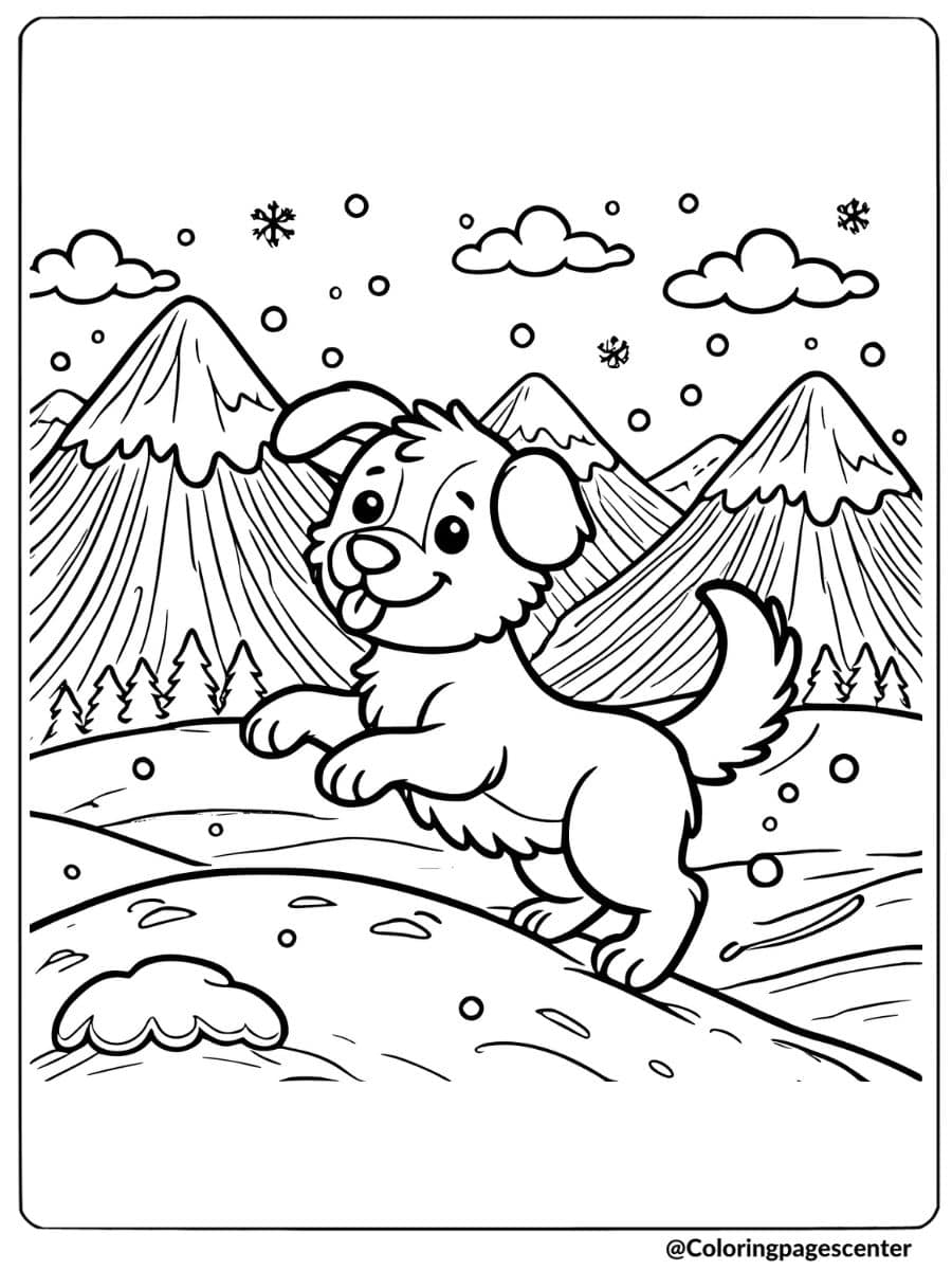 Cute dog happily playing in a snowy mountain landscape coloring page