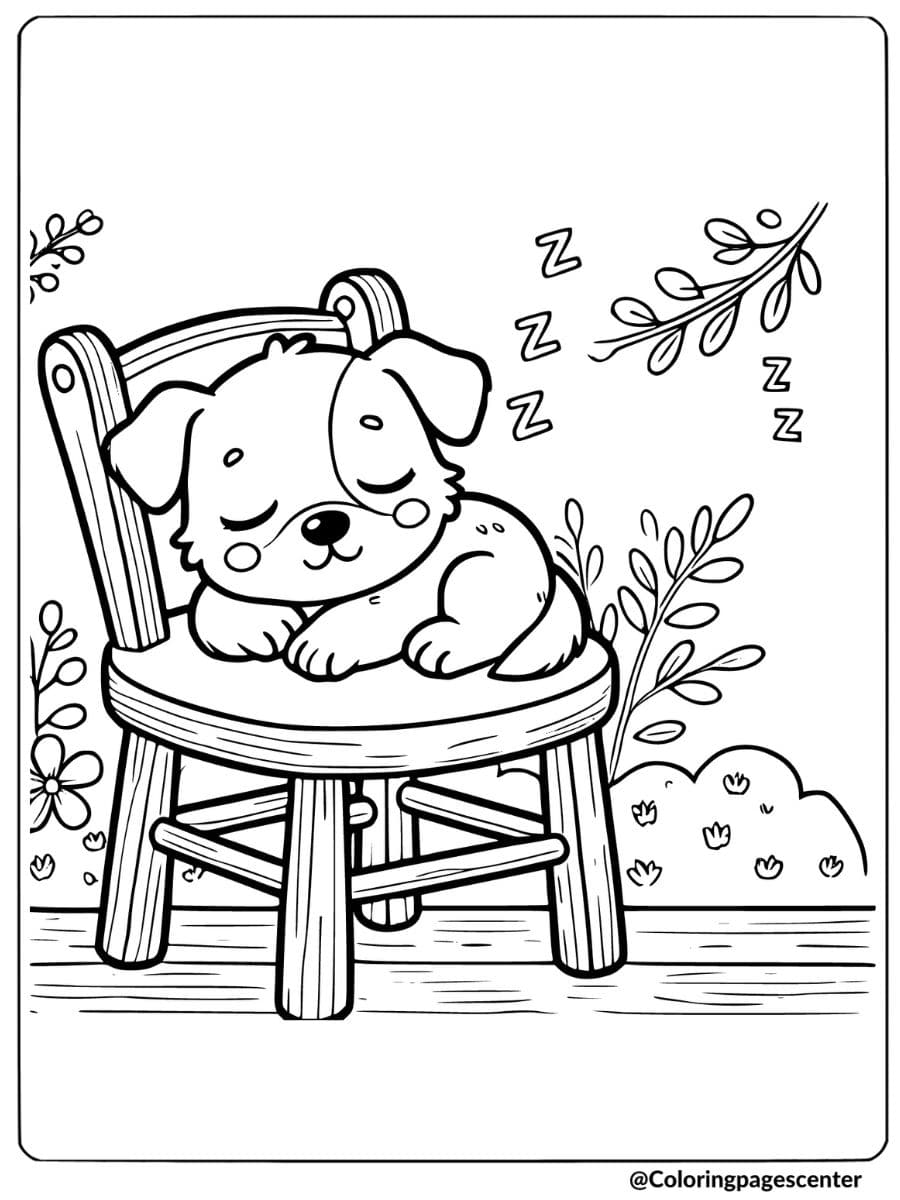 Sleepy dog peacefully napping on a wooden chair in a garden coloring page