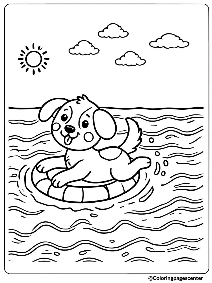 Dog floating on an inflatable ring in the ocean under the sun coloring page