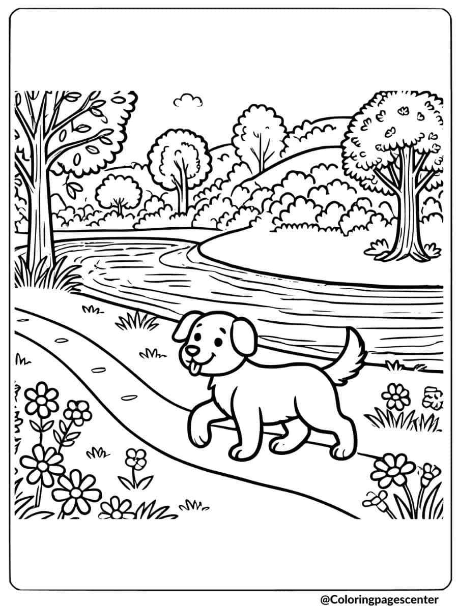 Dog walking along a scenic river path surrounded by trees and flowers coloring page