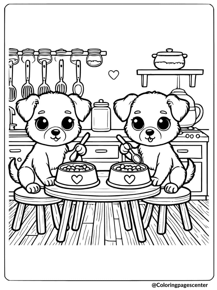 Two cute dogs enjoying their meal in a cozy kitchen coloring page