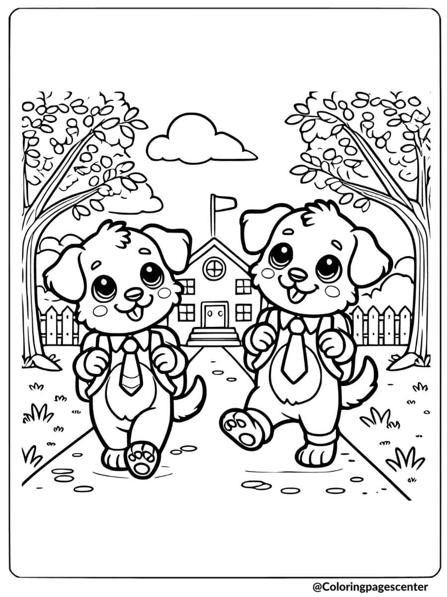 Two cute dogs walking to school with backpacks coloring page