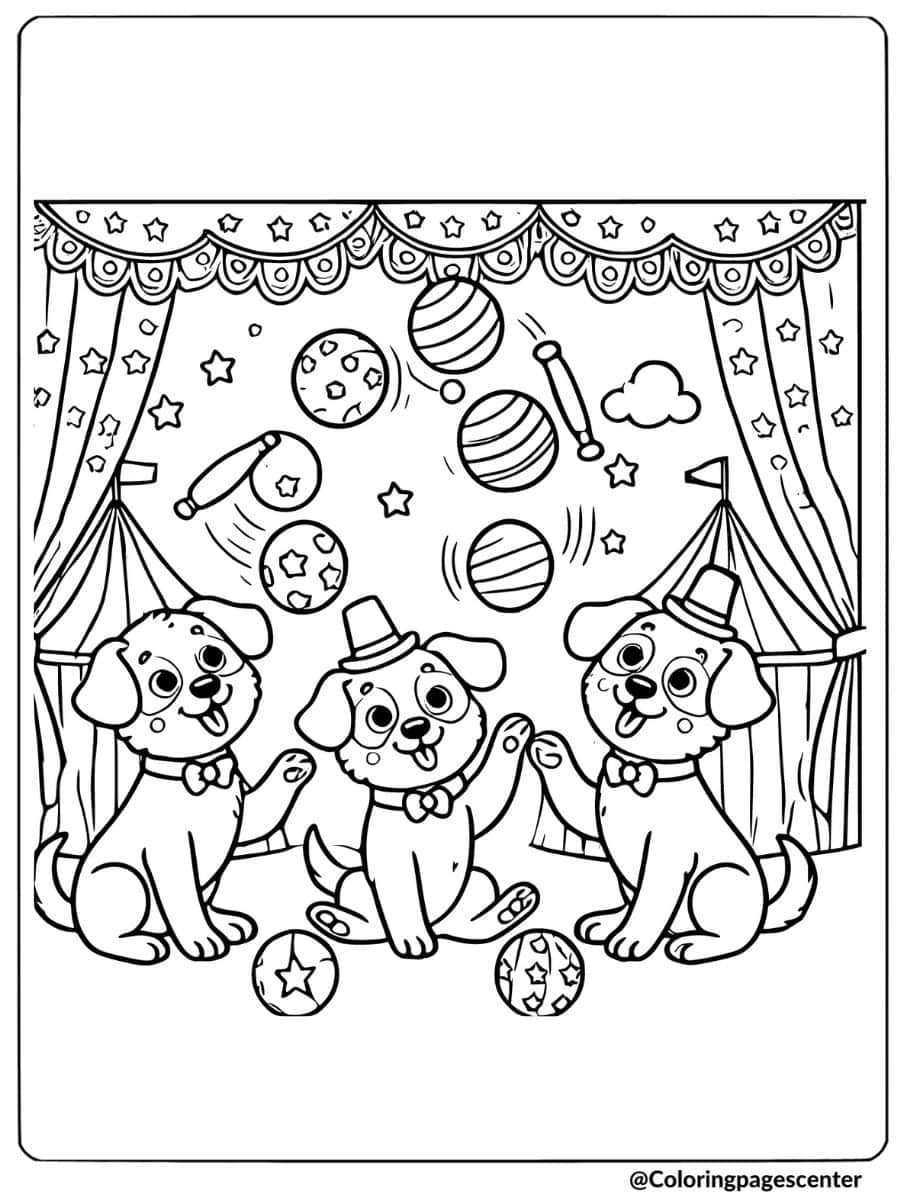 Dogs performing tricks and juggling in a circus tent coloring page