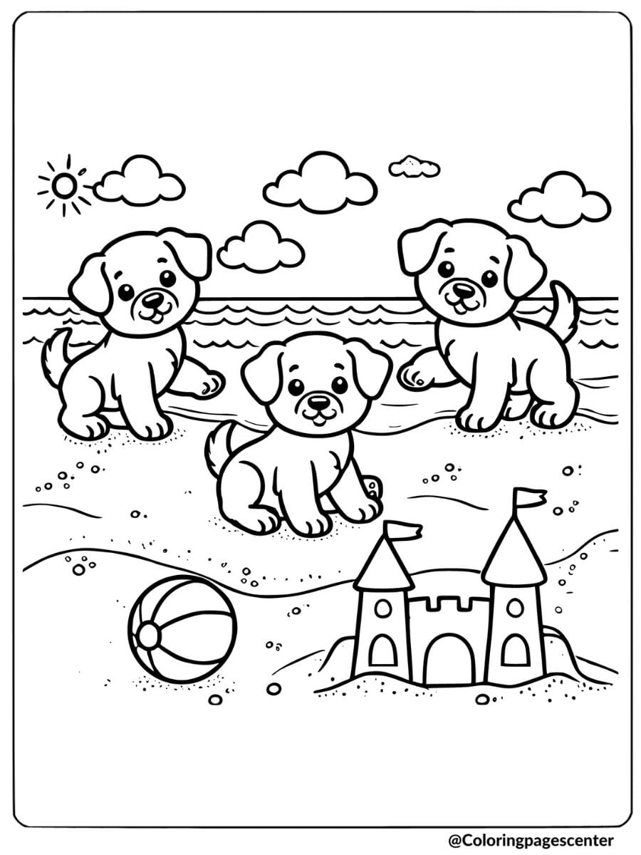 Three dogs playing on the beach with a sandcastle coloring page