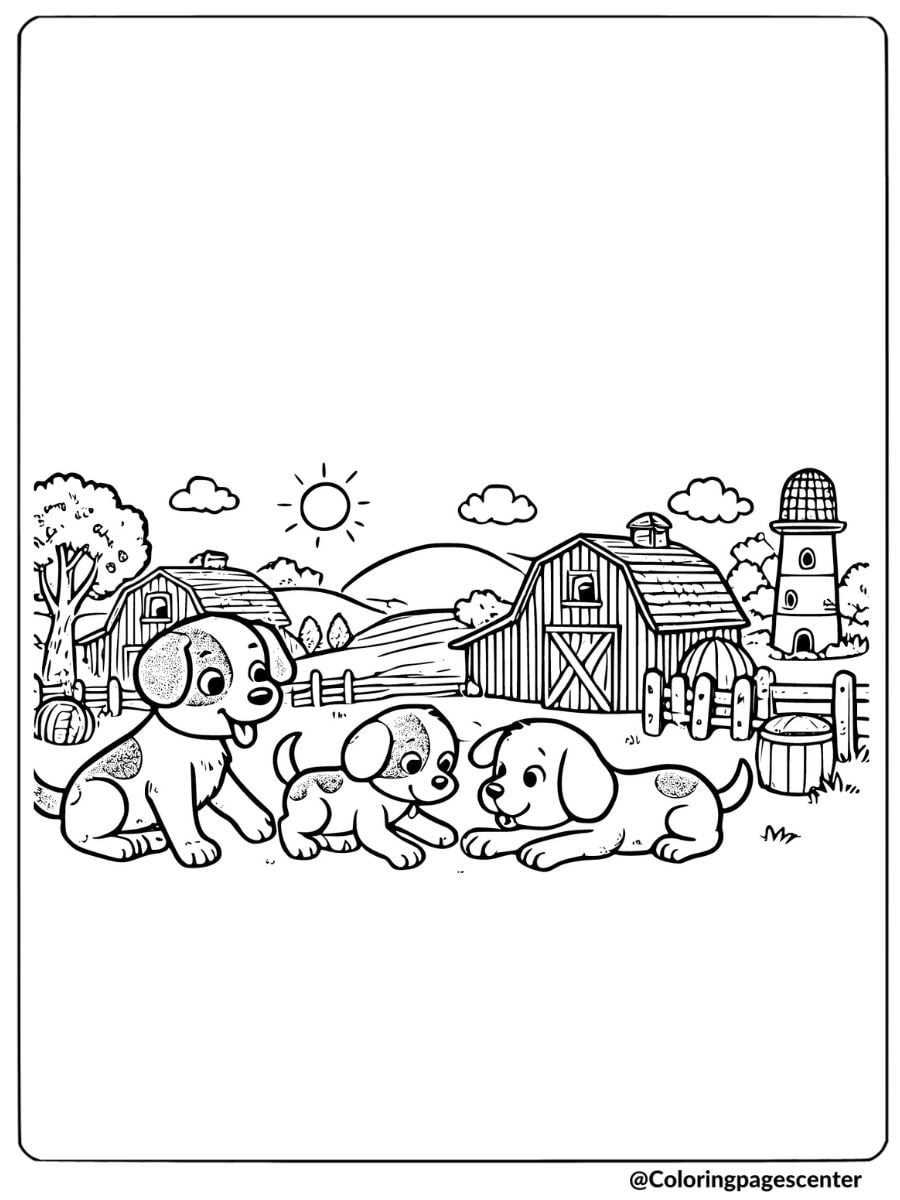 Dogs playing and having fun on a farm with barns coloring page