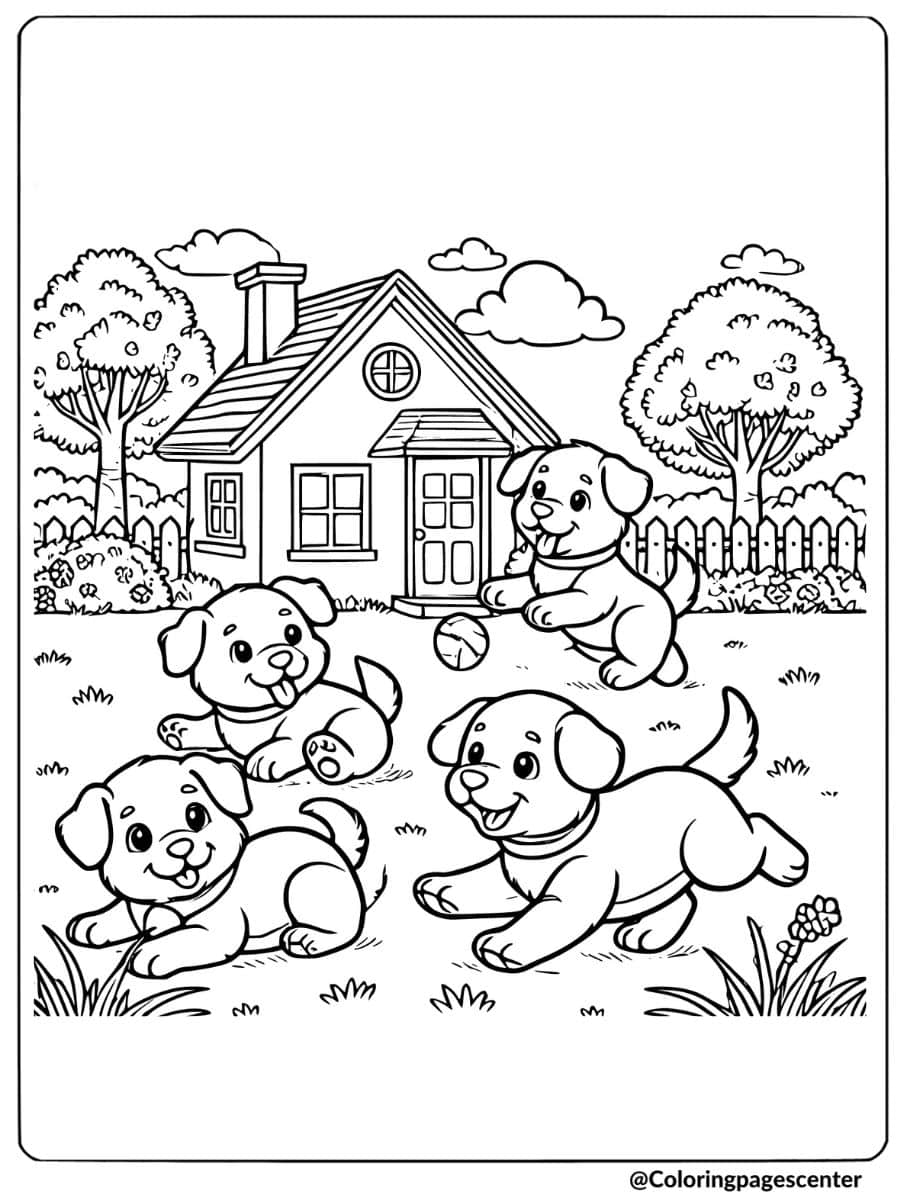 Dogs playing with a ball outside a house in the yard coloring page