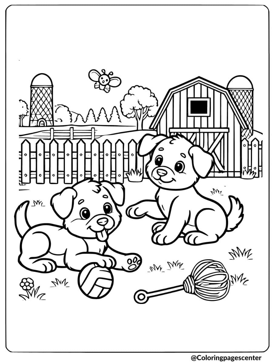 Dogs playing with toys in a farmyard near a barn coloring page