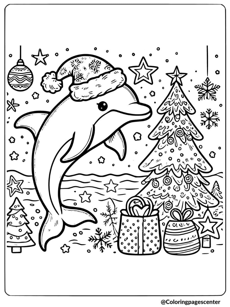 Dolphin wearing Santa hat next to Christmas tree coloring pageMusical Dolphin with Conductor Hat Coloring Page