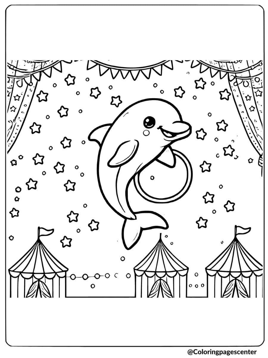 Coloring page of a cute dolphin performing at a circus