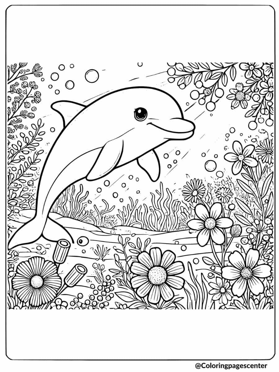 Coloring page of a cute dolphin swimming in a flower garden underwater