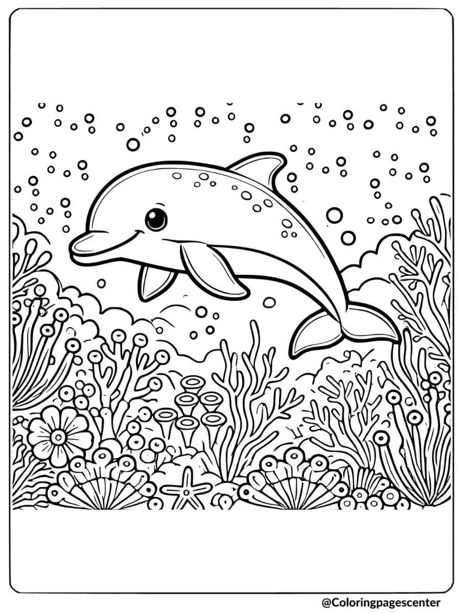 Coloring page of a cute dolphin in a coral reef