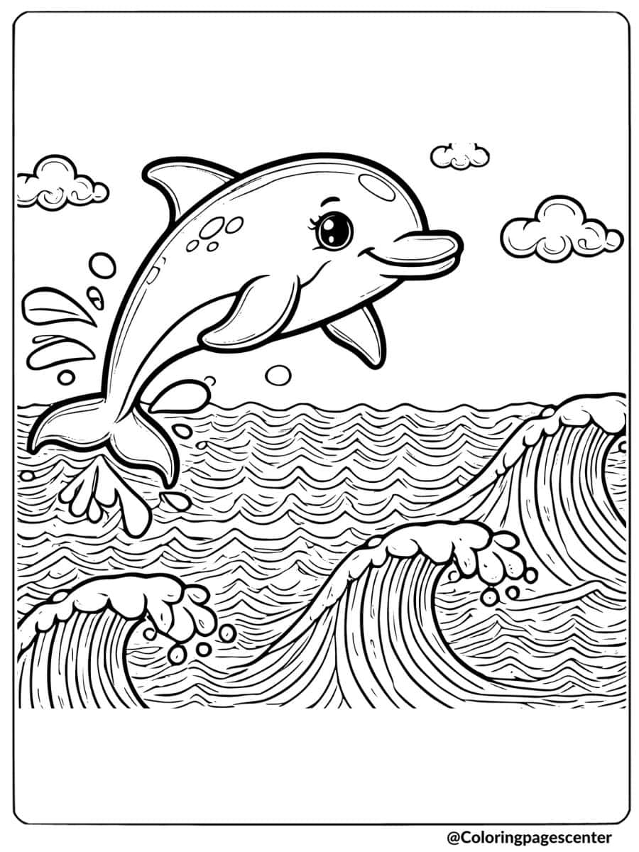 Coloring page of a cute dolphin jumping over ocean waves