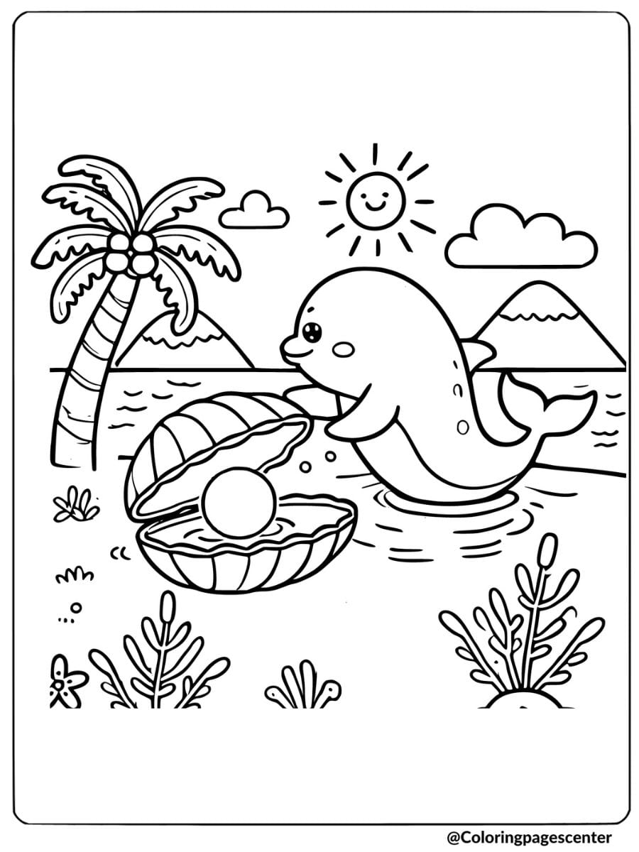 Coloring page of a cute dolphin on a tropical beach